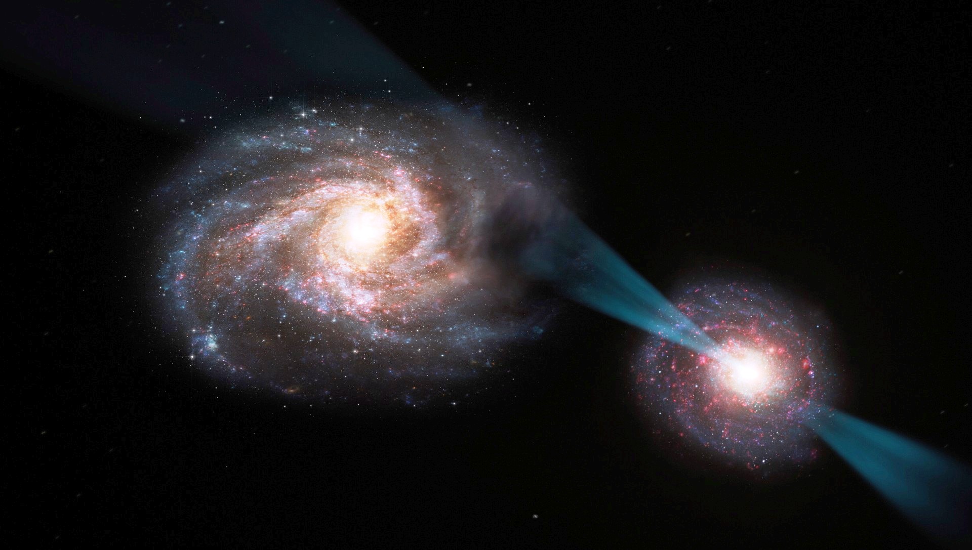 Cette vue d'artiste montre une « joute cosmique » – une fusion galactique dans laquelle la galaxie de droite abrite un quasar en son cœur. Ce quasar est alimenté par un trou noir supermassif qui engloutit la matière environnante et émet un puissant cône de rayonnement, transperçant l'autre galaxie comme une lance. Lorsque ce rayonnement interagit avec la galaxie de gauche, il perturbe les nuages ​​de gaz et de poussière qu'elle contient, ne laissant derrière lui que les régions les plus petites et les plus denses. Ces régions sont probablement rendues incapables de formation d'étoiles après ce processus. © ESO, M. Kornmesser
